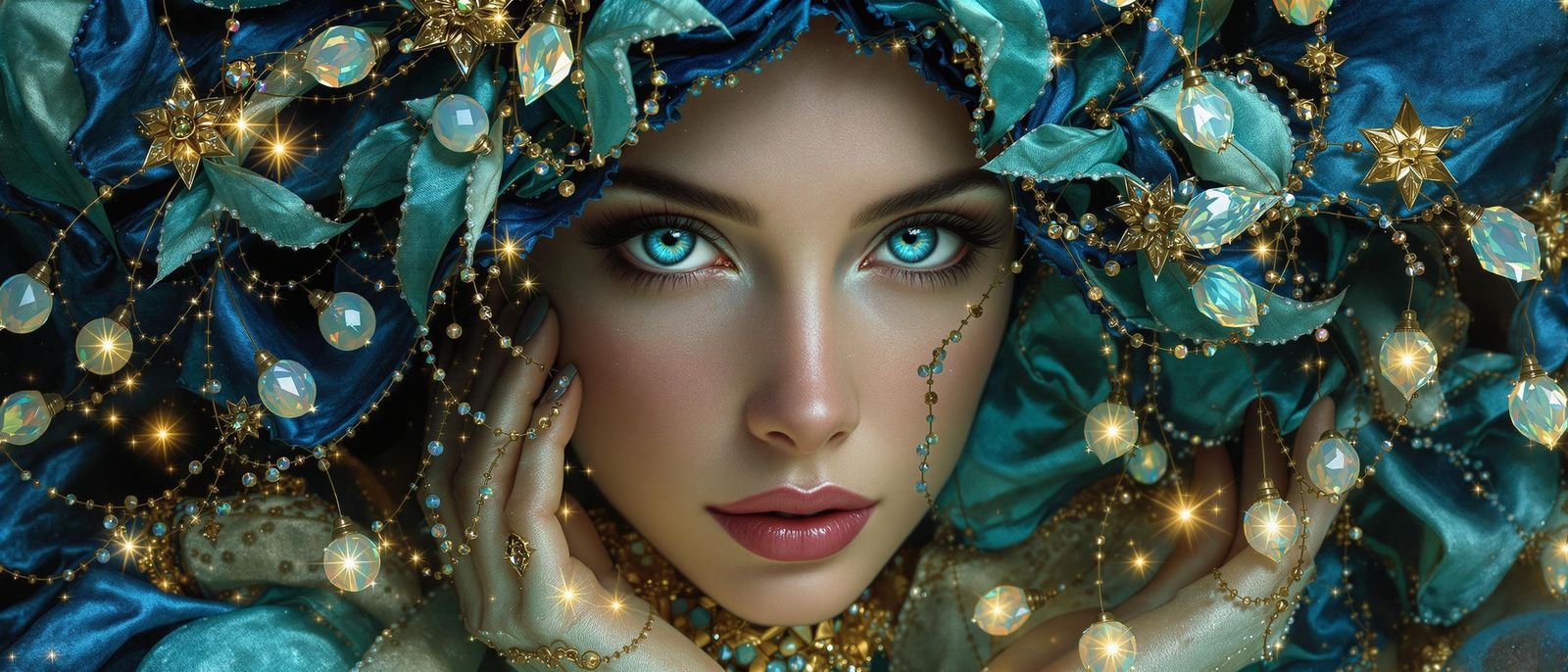 Victorian Lady in Opal-Adorned Gown, Intricately Detailed Po...