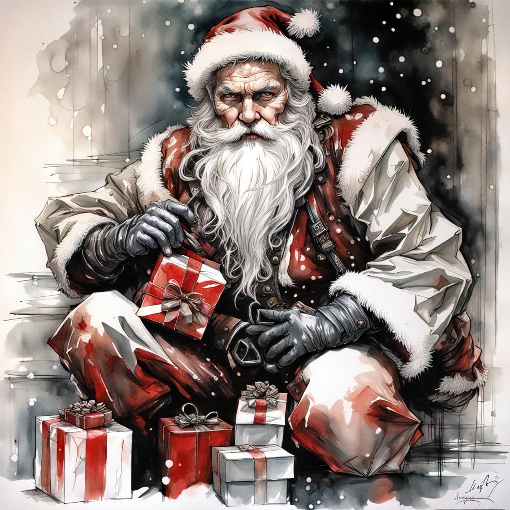 Pin-Up Father Christmas Alcohol Ink Illustration
