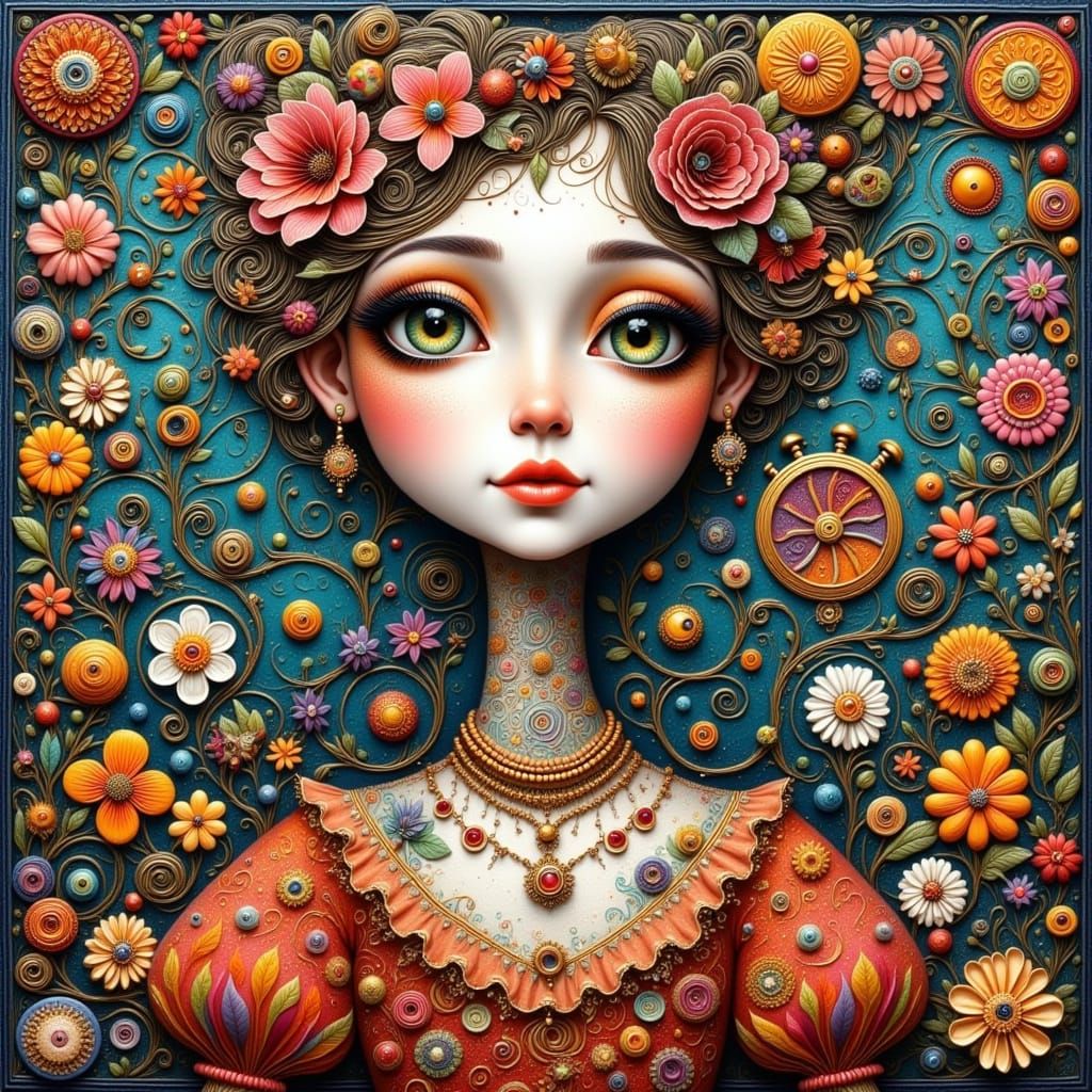 Whimsical Woman Portrait with Floral Swirls in Pop Art Style