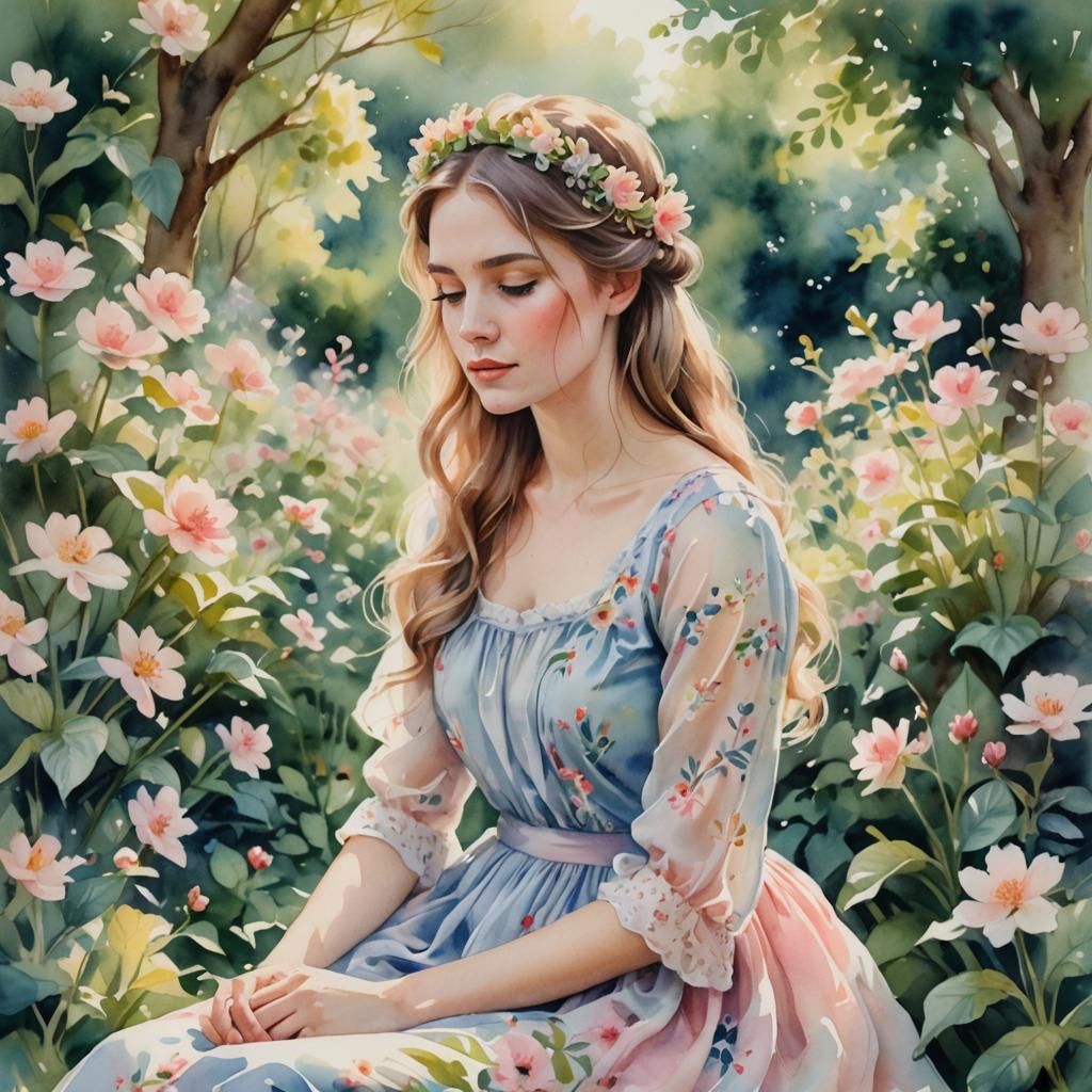 Young Woman in Garden, Watercolor Portrait