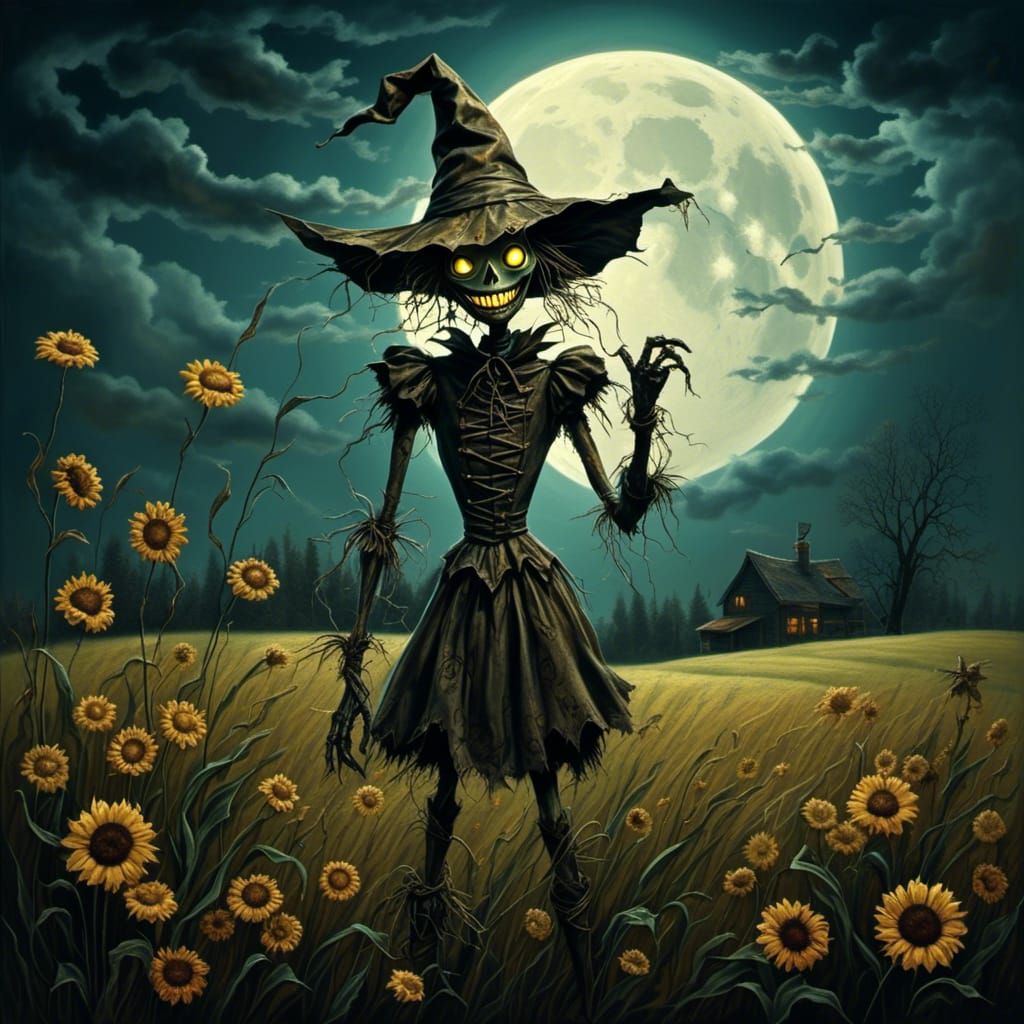 Creepy Scarecrow in Moonlit Field: A Spooky Scene