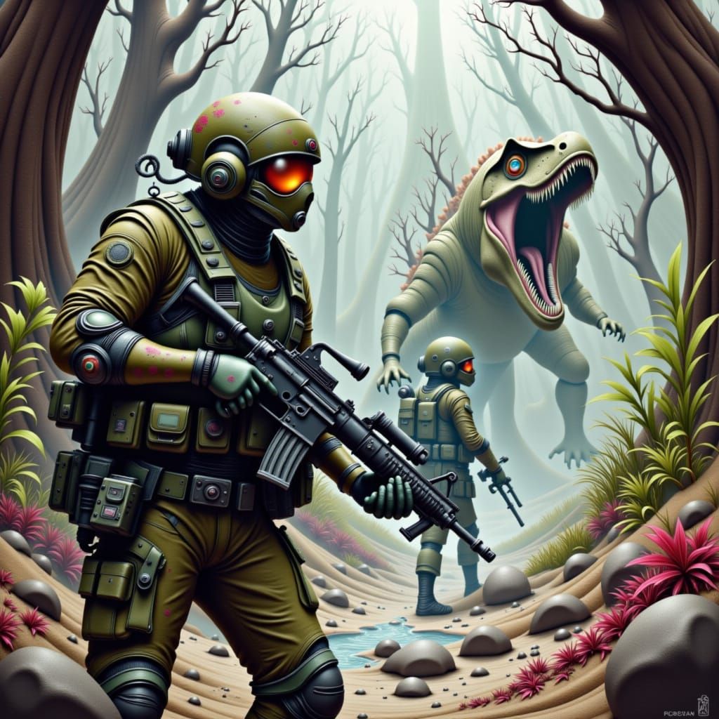 Marines Under Attack by Dinosaurs in Jurassic Era