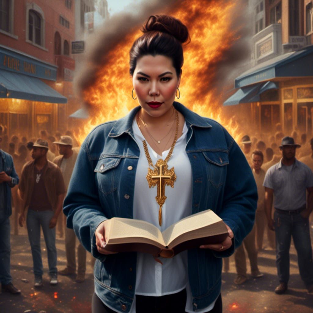 Woman Street Preacher with Burning Bible, Hyperrealistic Art