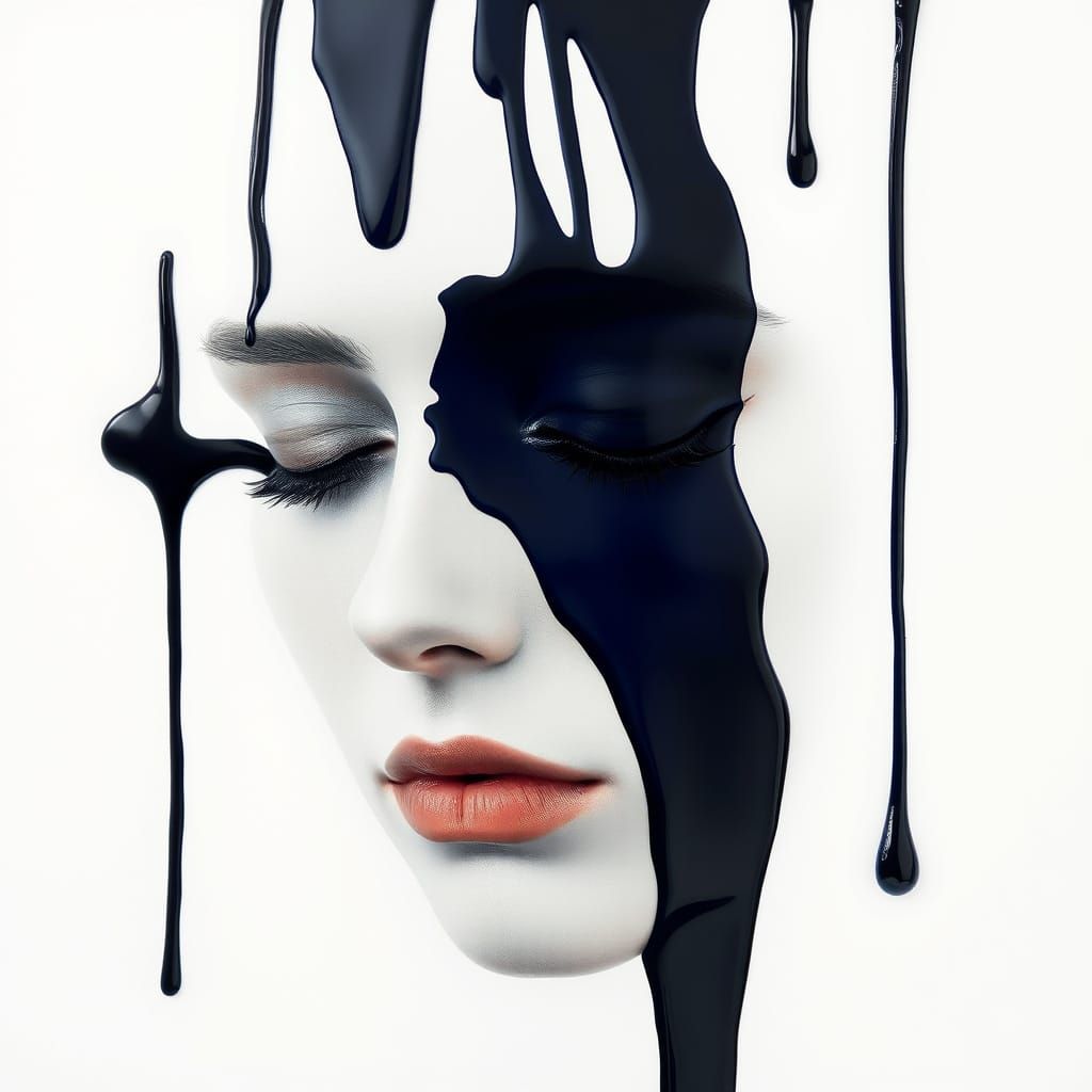 Fragmented Face with Indigo Drips in Photorealistic Style
