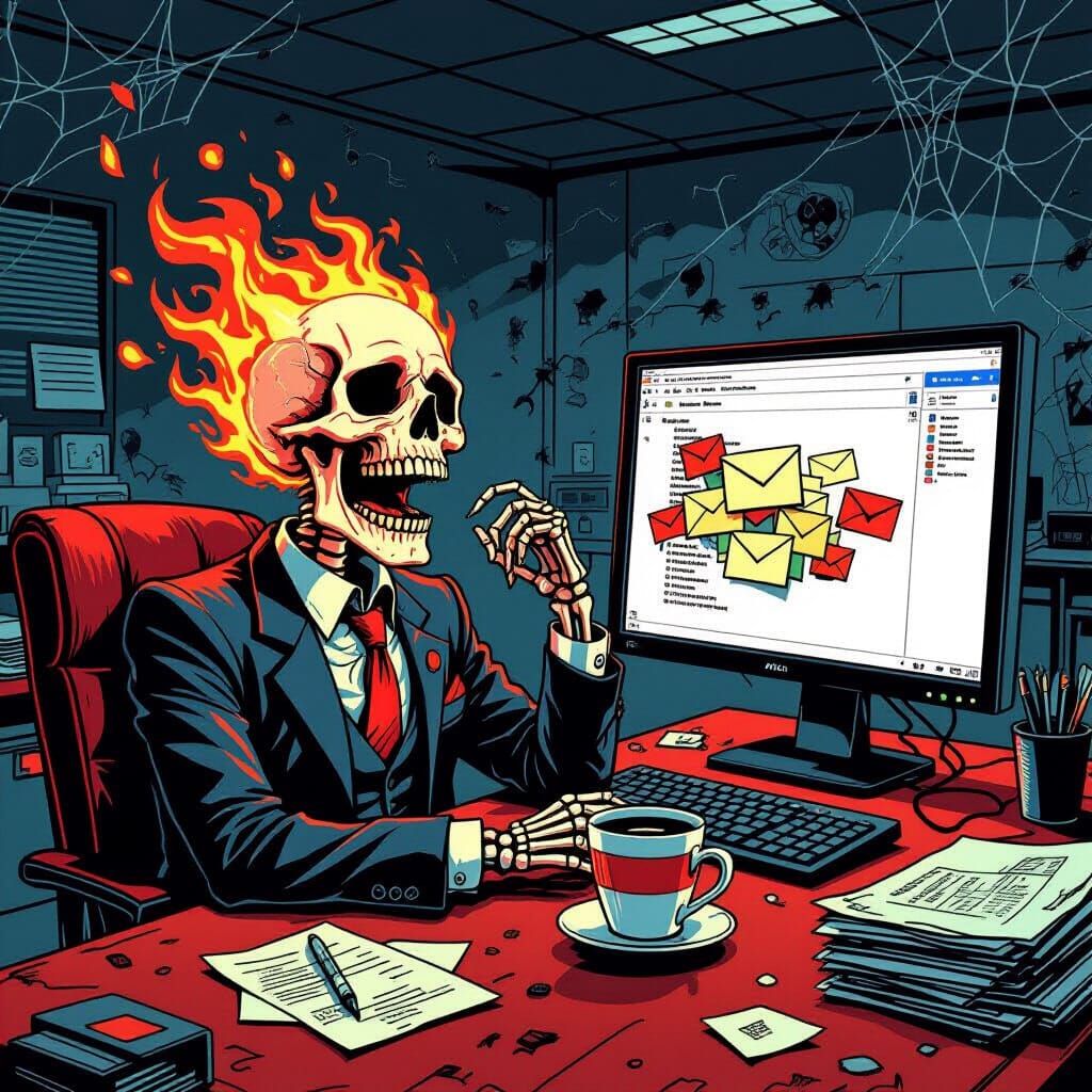 Flaming Skeleton Laughing at Overflowing Inbox