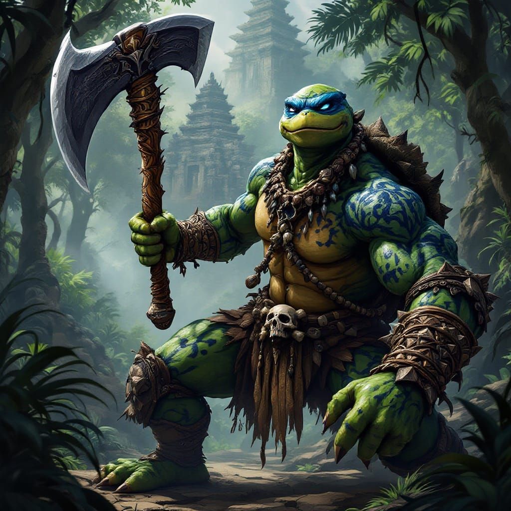Warrior Turtle in Epic Rainforest Battlegrounds, Anime Style
