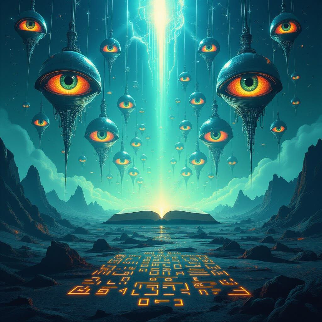 Surreal Alien Sky with Countless Eyes and Glowing Threads