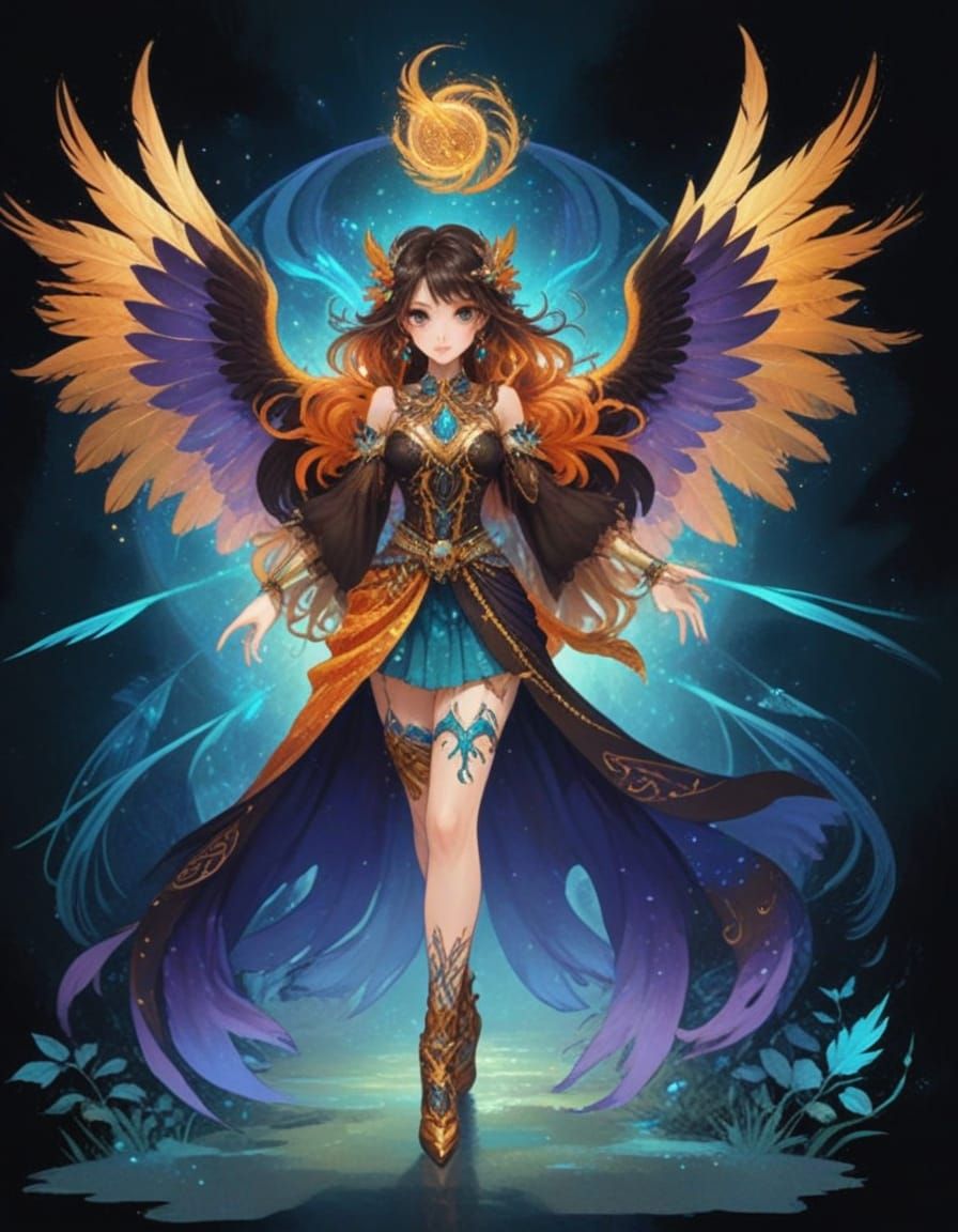 Golden Pointillism Fantasy Bird Hybrid Portrait in Exotic Po...