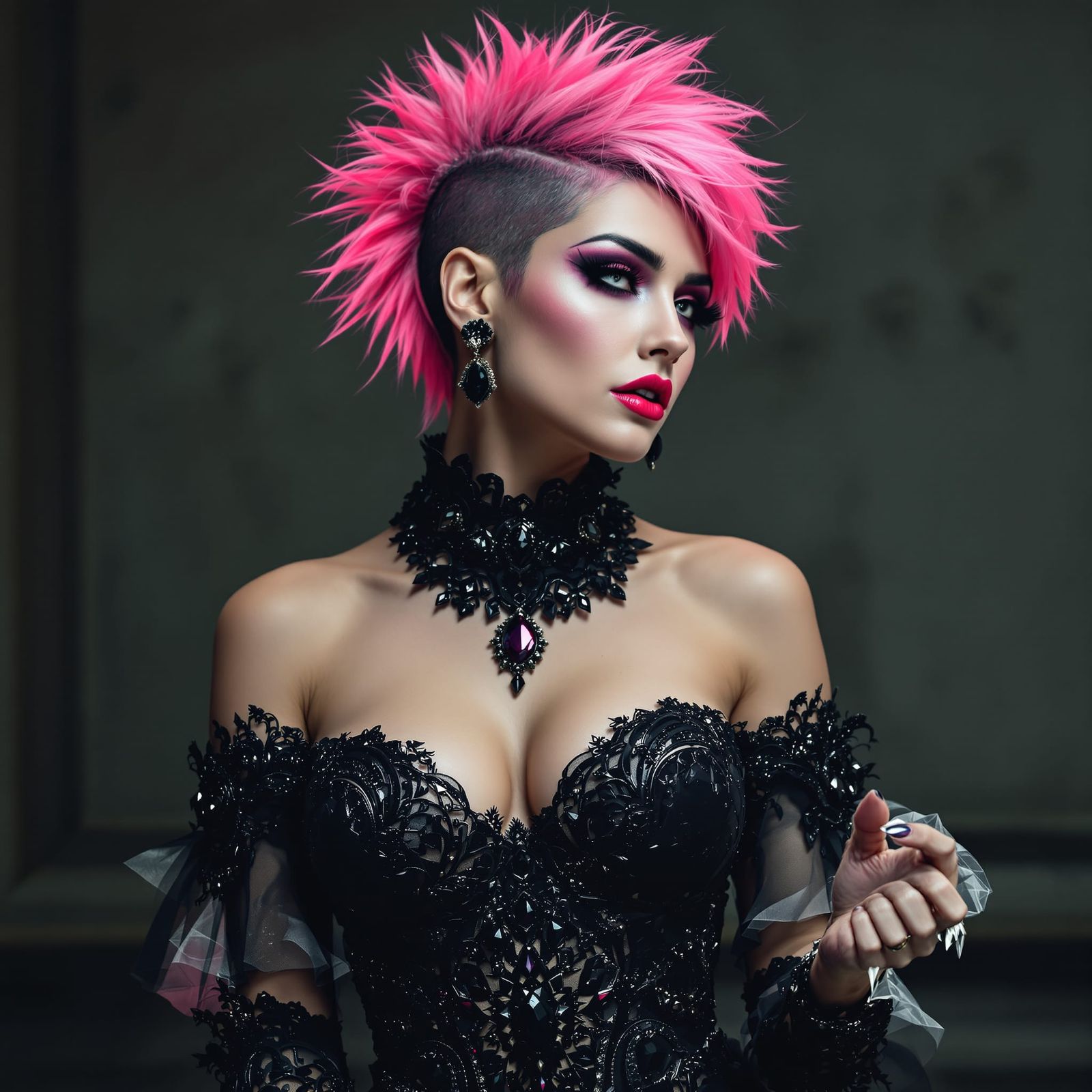 Gothic Woman in Intricate Wedding Dress with Neon Pink Hair