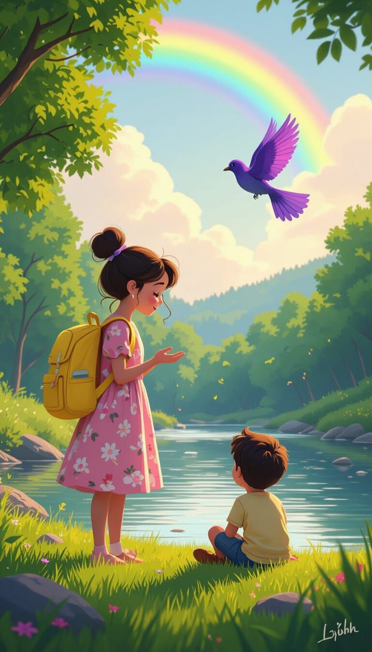 Pixar-Style Illustration of Leila by a River