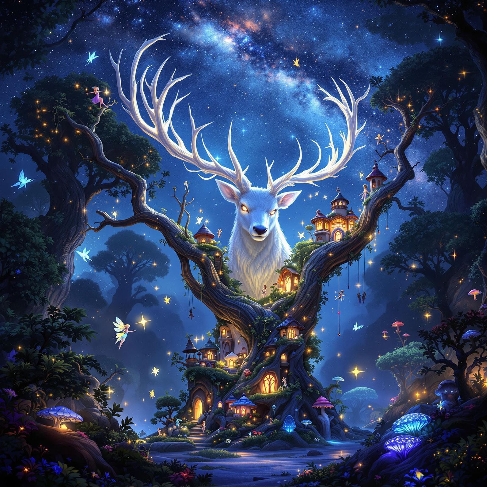 Enchanted Forest: Stag Guardian with Fairy Village