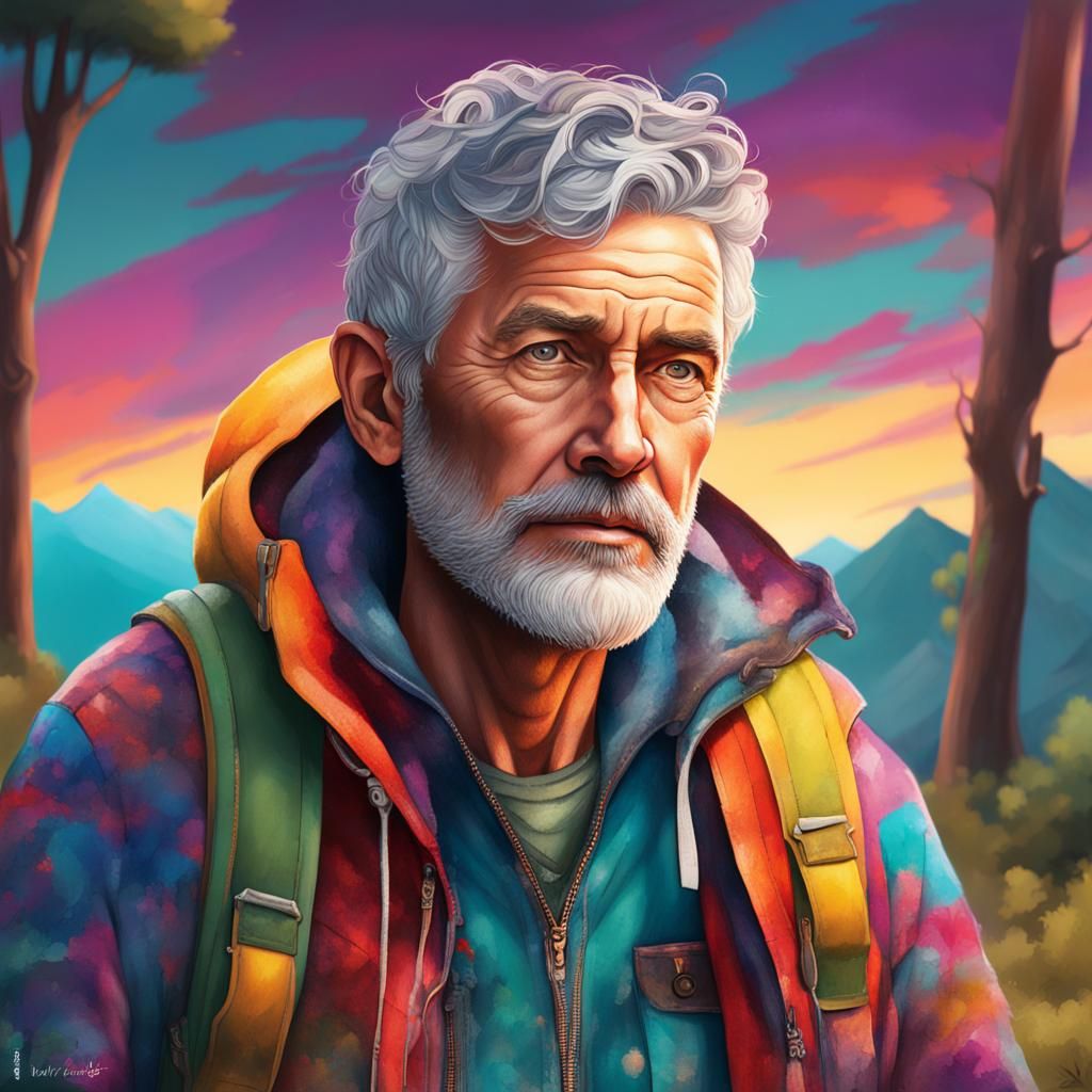 Mature Boho Man Camping in Colorful Style