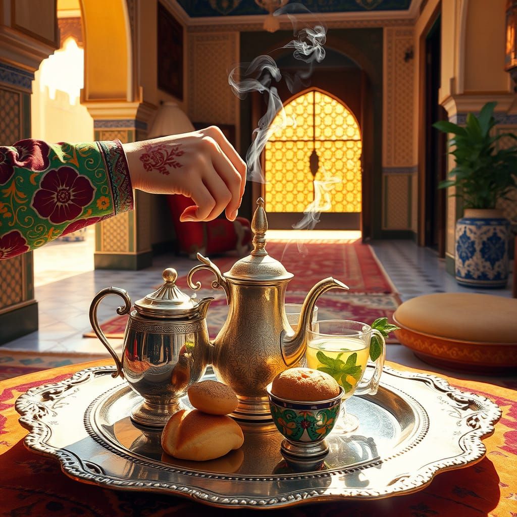 Traditional Moroccan Riad Scene with Steaming Mint Tea