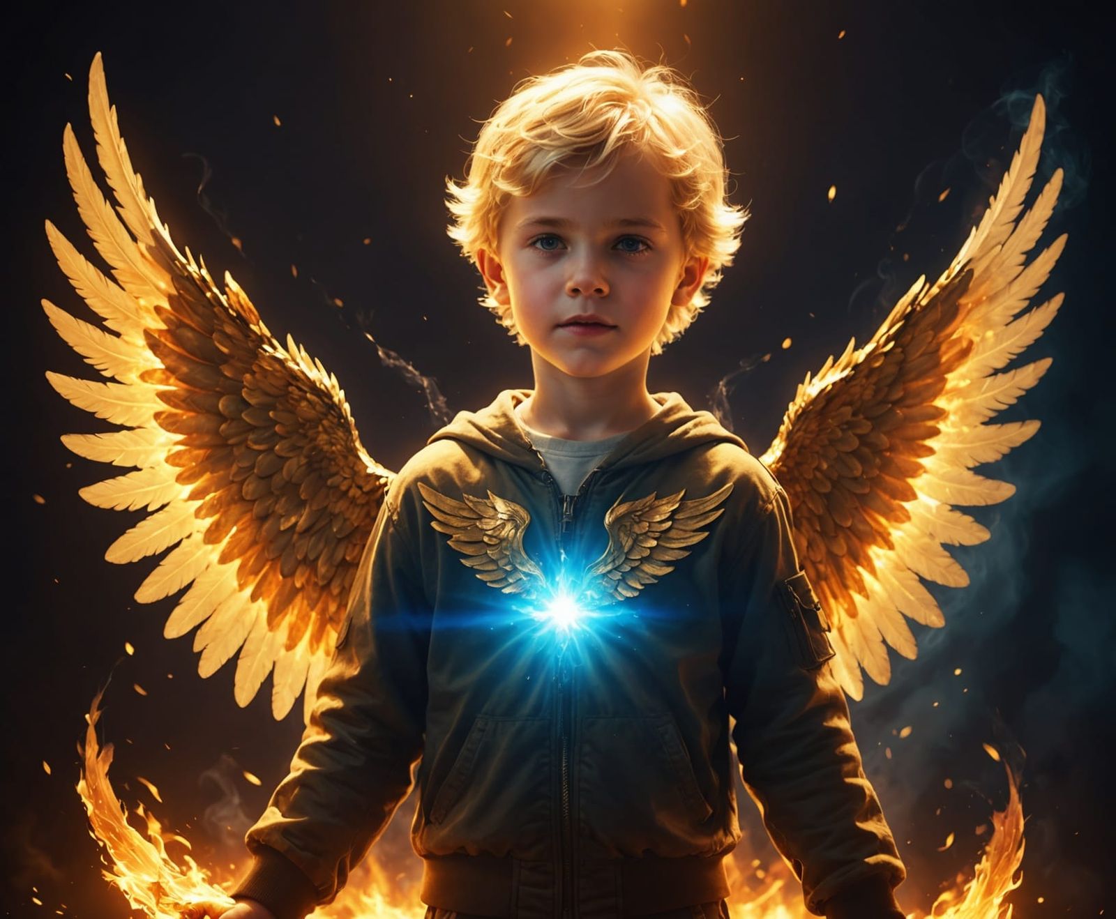 Boy with Fiery Angel Wings, Vibrant Digital Art