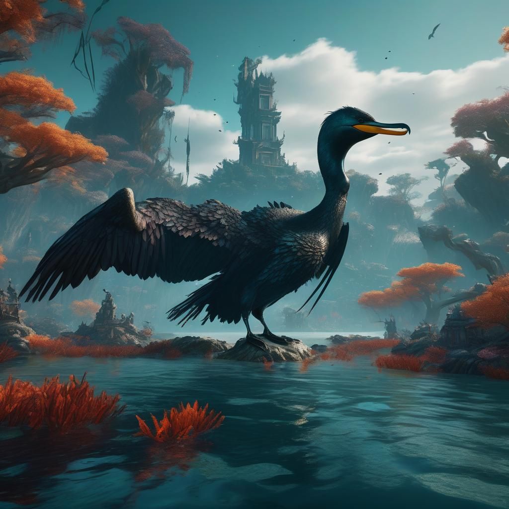 Cormorant Hunting in Lagoon: Detailed Matte Painting