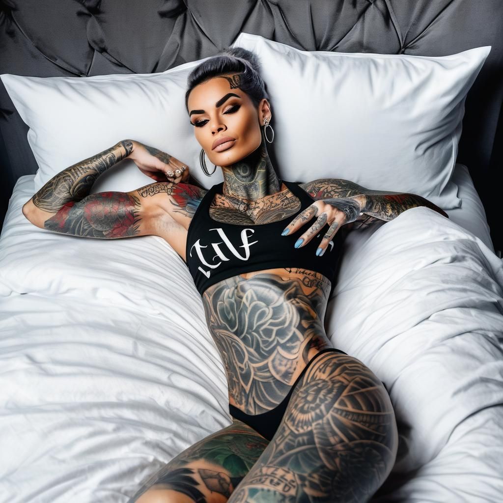 beautifully tattooed fit woman laying in bed detailed beauti...