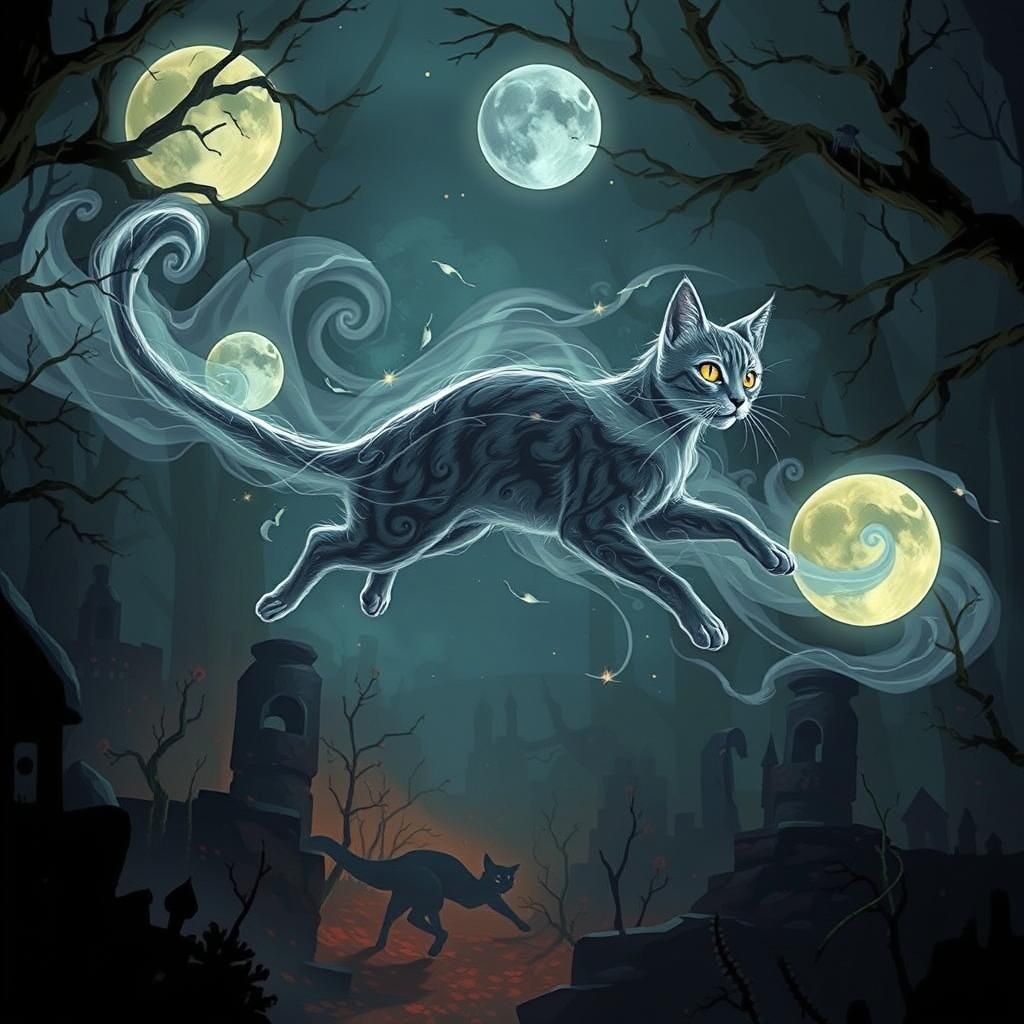 Ghost Cat in Mystical Gothic Autumn Forest