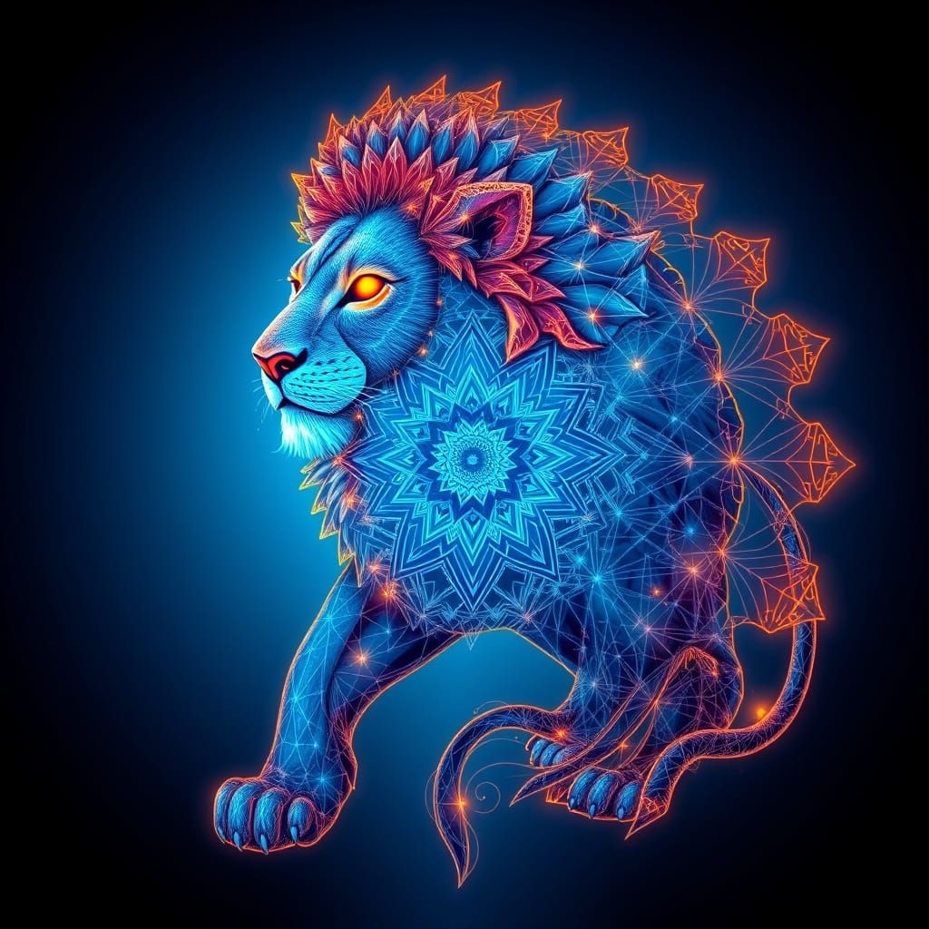 Sacred Geometry Lion in Vibrant, Swirling Patterns