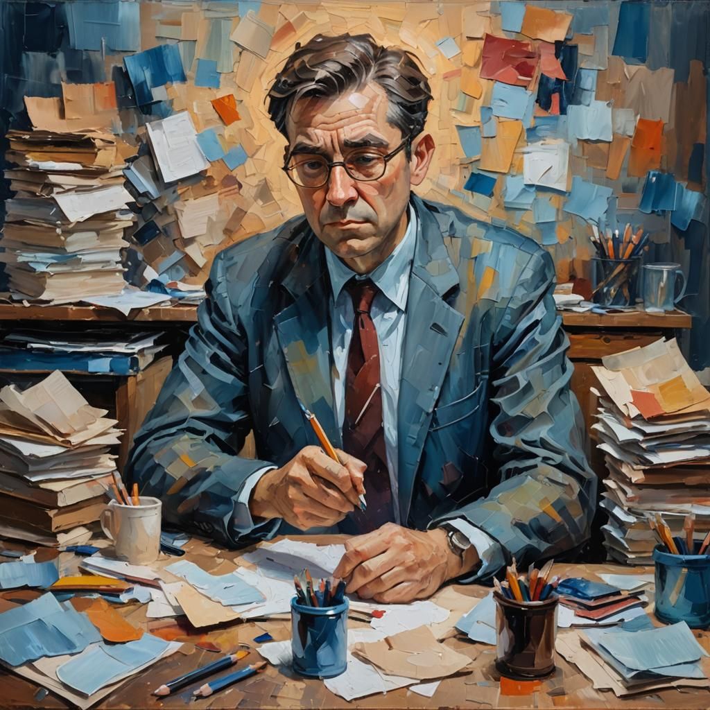 The sad accountant painted in oil on canvas. Impasto techniq...
