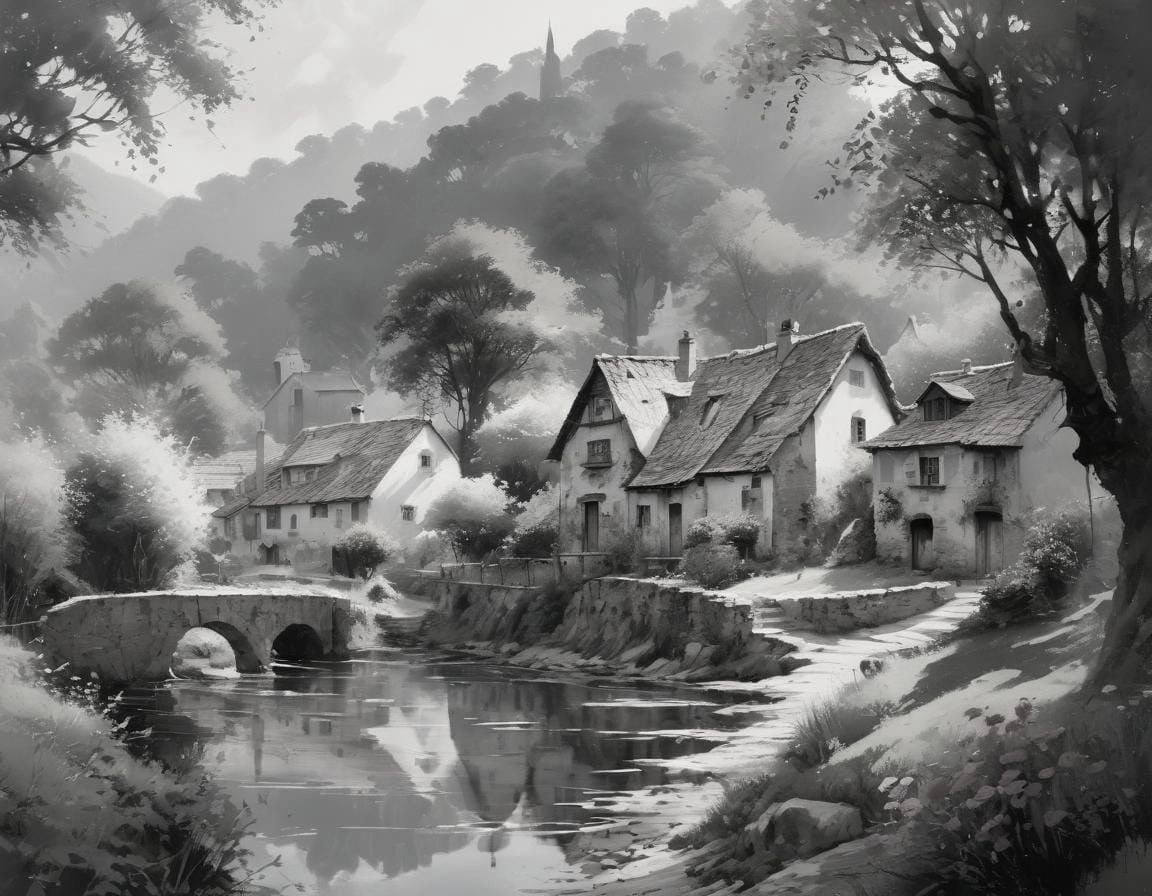Picturesque Rural Village in Pencil Sketch Style
