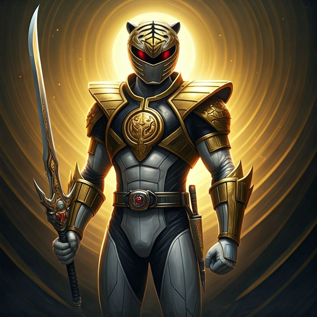 Regal Power Ranger in Majestic White Battle Suit with Golden...