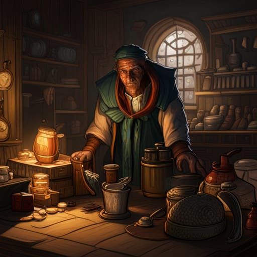 Lizardfolk Merchant Inspects Wares: Dark Fantasy Art