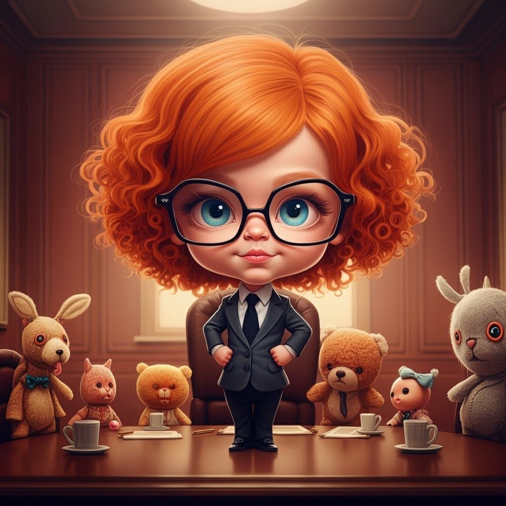 Confident Girl Leads Boardroom of Toys, 3D Caricature