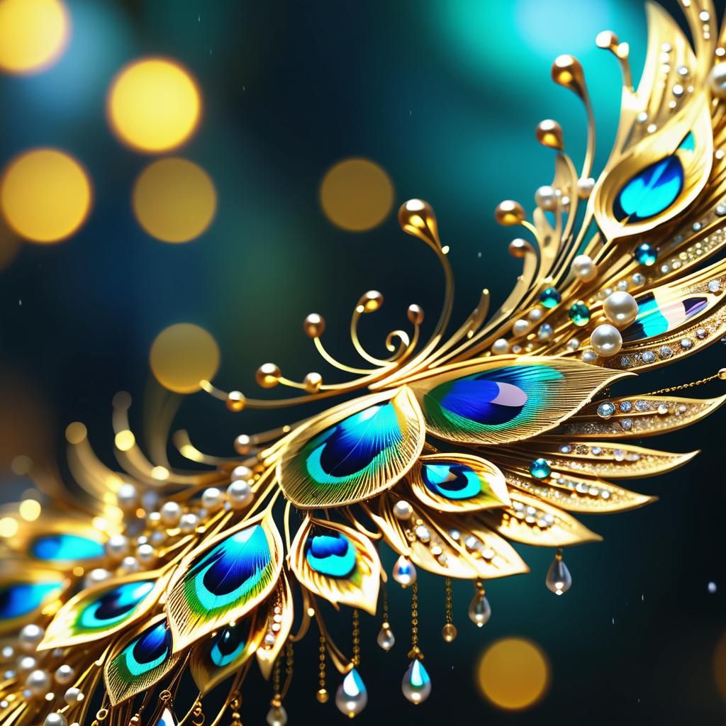 Abstract Fairy with Peacock Wings and Golden Jewelry