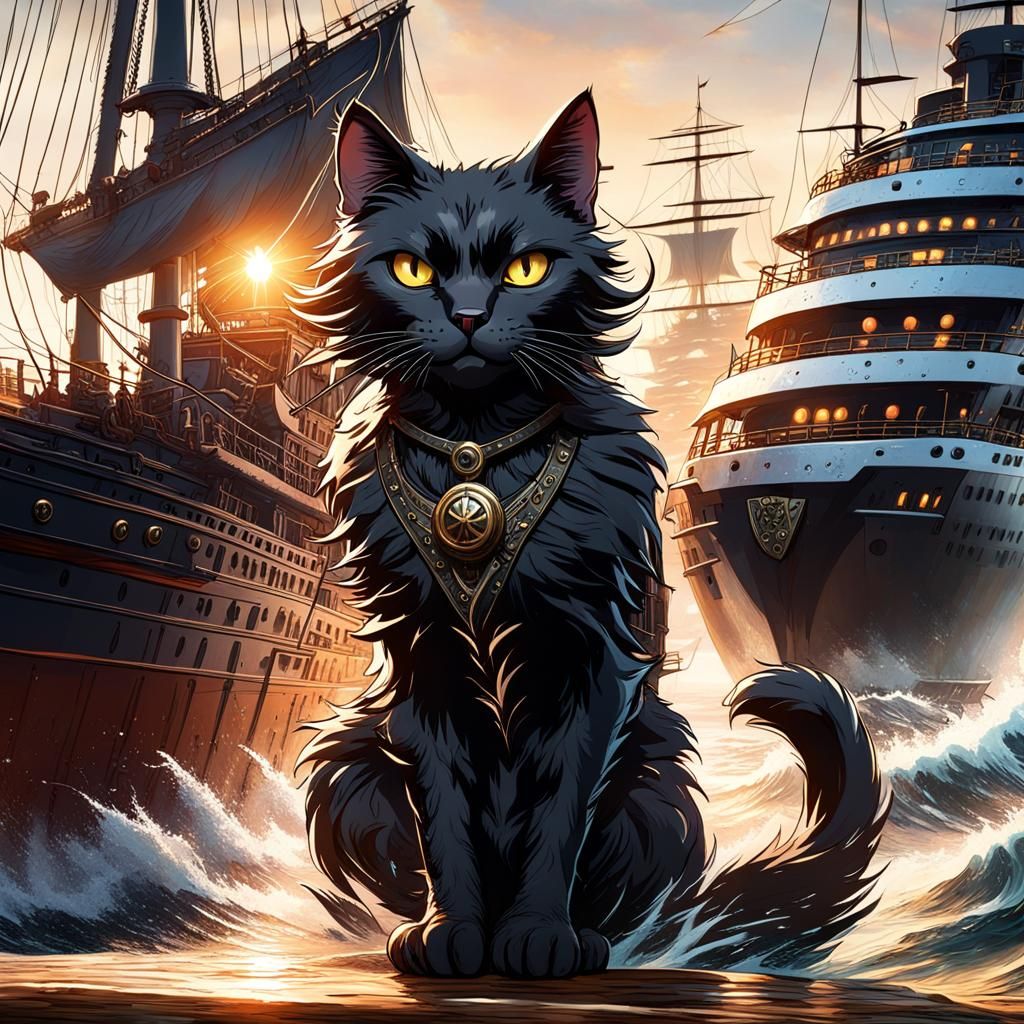 Black Cat Leaps to Ship at Sunrise