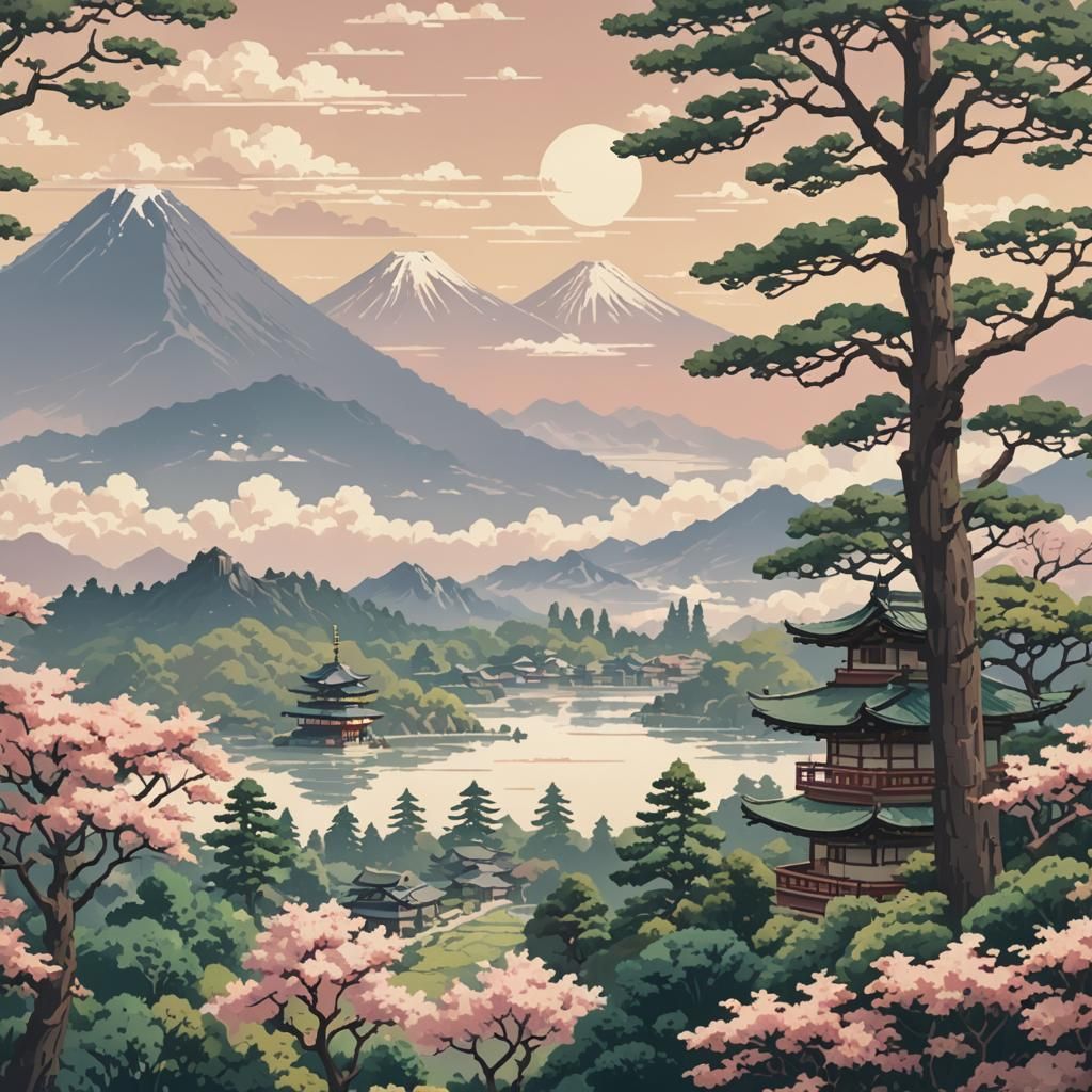 Japanese Landscape in Retro Pixel Art Style