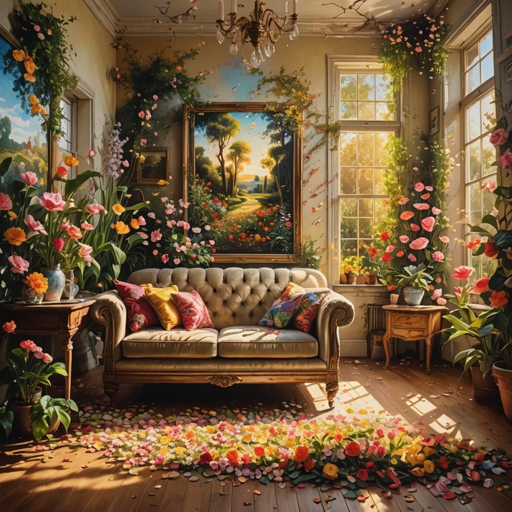 Lush Garden Escapes Painting in Surreal Living Room