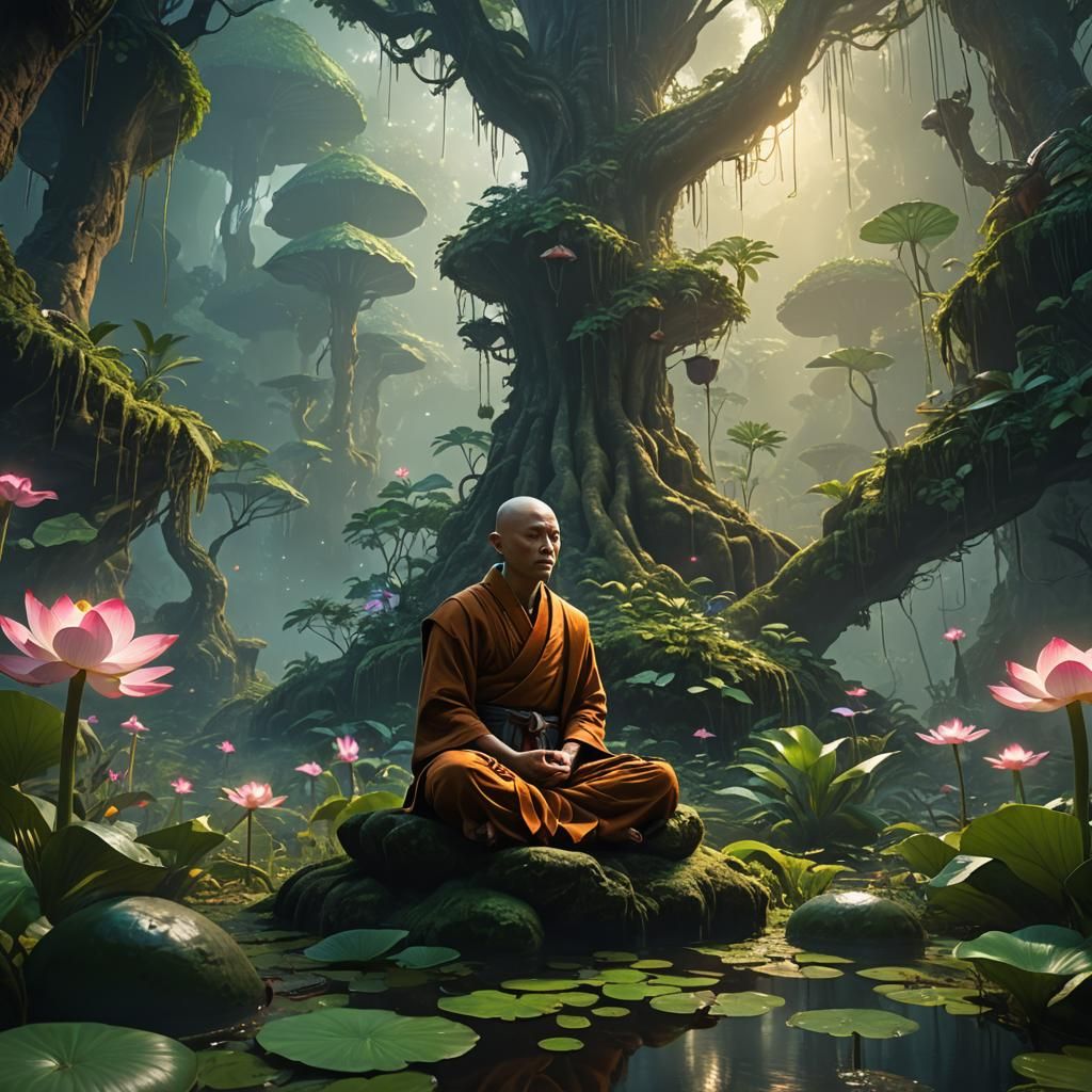 Serene Monk Meditates in Lush Jungle, Fantasy Art