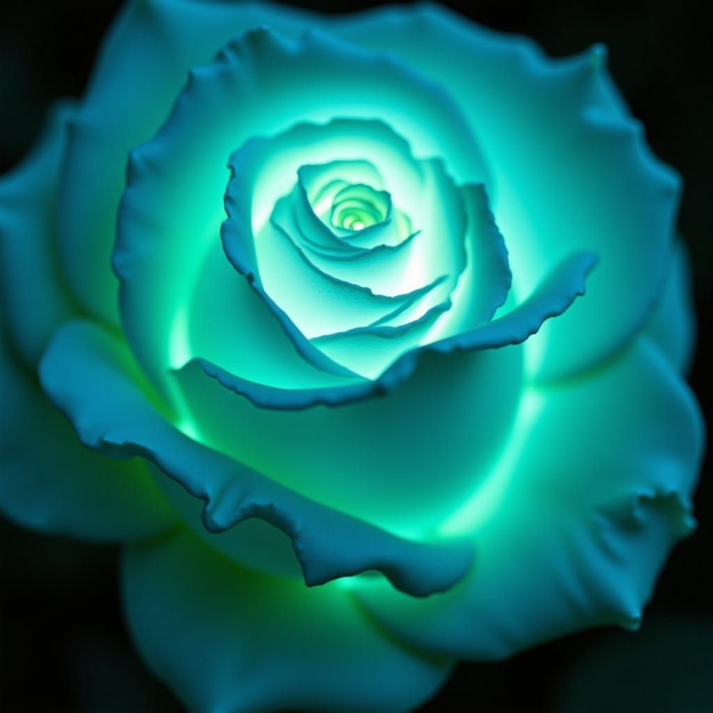 Luminous Aqua Rose Sculpture with Ethereal Face