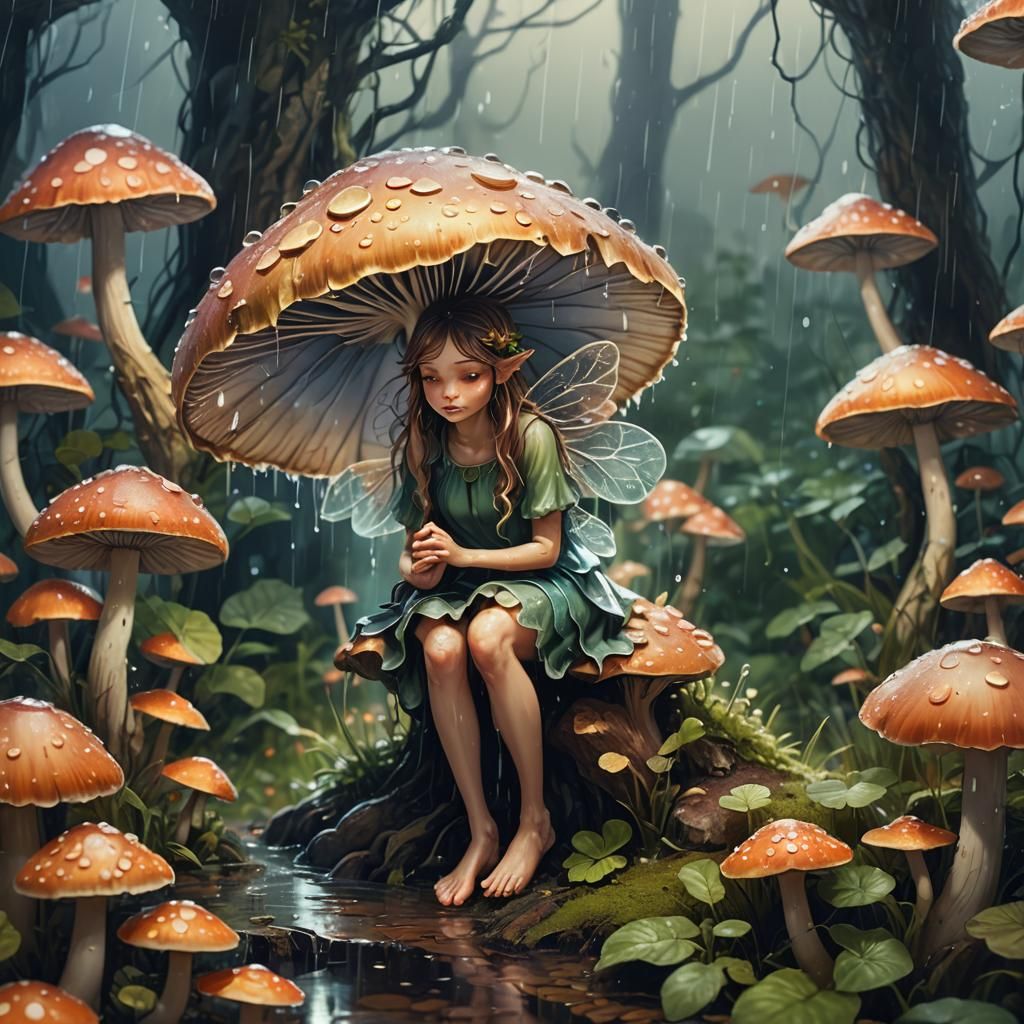 Fairy Sheltering from Rainstorm in Cell Shaded Style