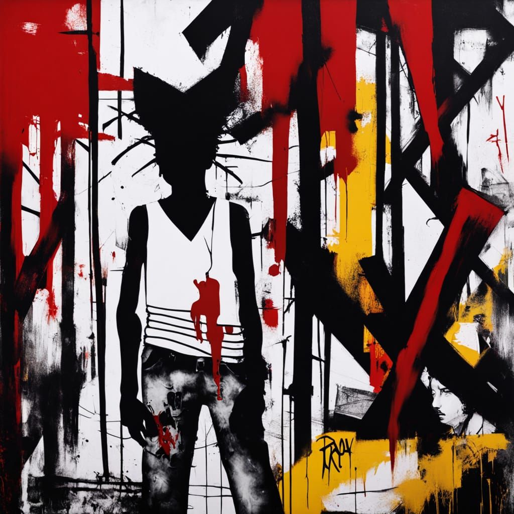 Neo-Primitivist Boy and Dog in Urban Graffiti Style