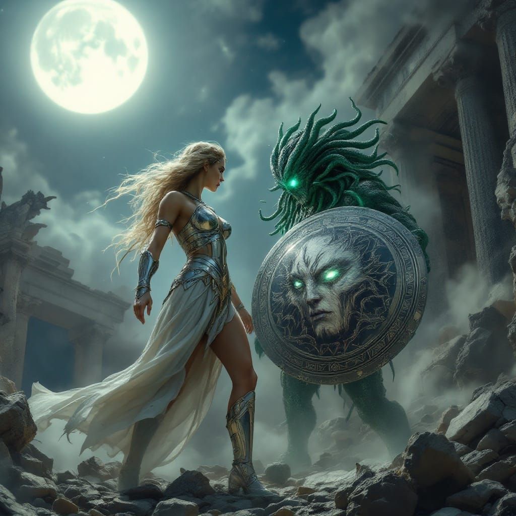 Athena's Duel with Medusa Under the Moon