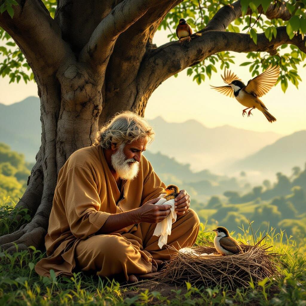 Old Man Tends Injured Sparrow Under Banyan Tree