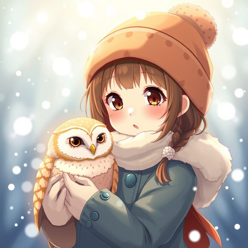 Anime Girl with Owl in Winter Snowfall