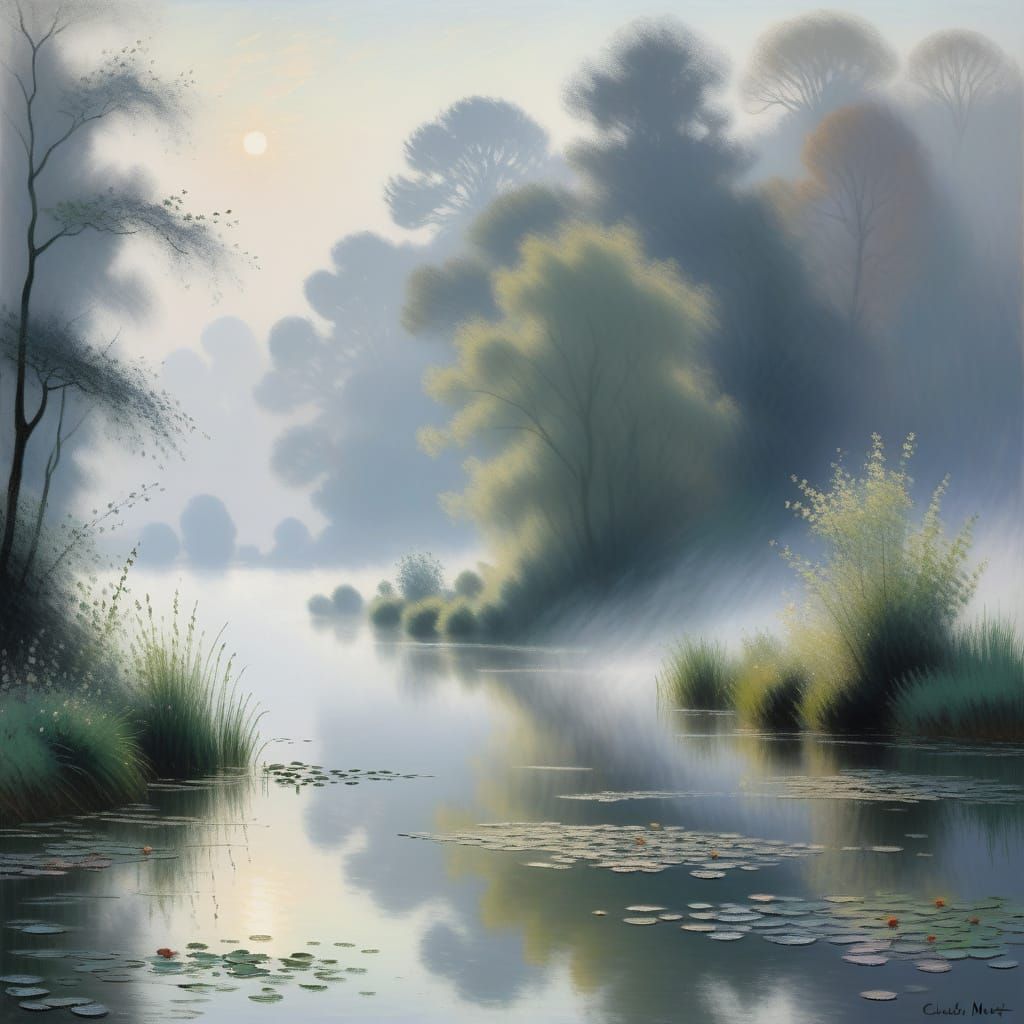 Dreamy Misty Morning Landscape in Impressionist Style