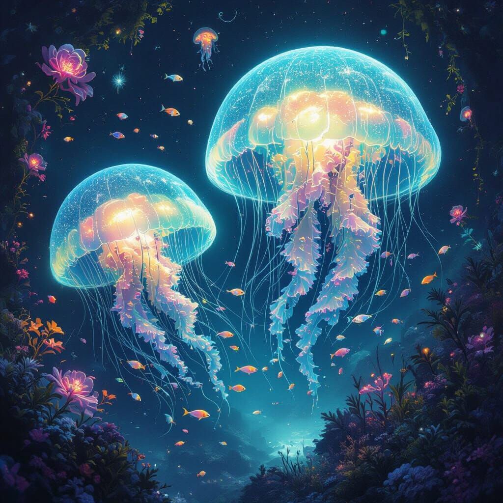 Bioluminescent Jellyfish in Alien Ocean: Surreal Digital Art