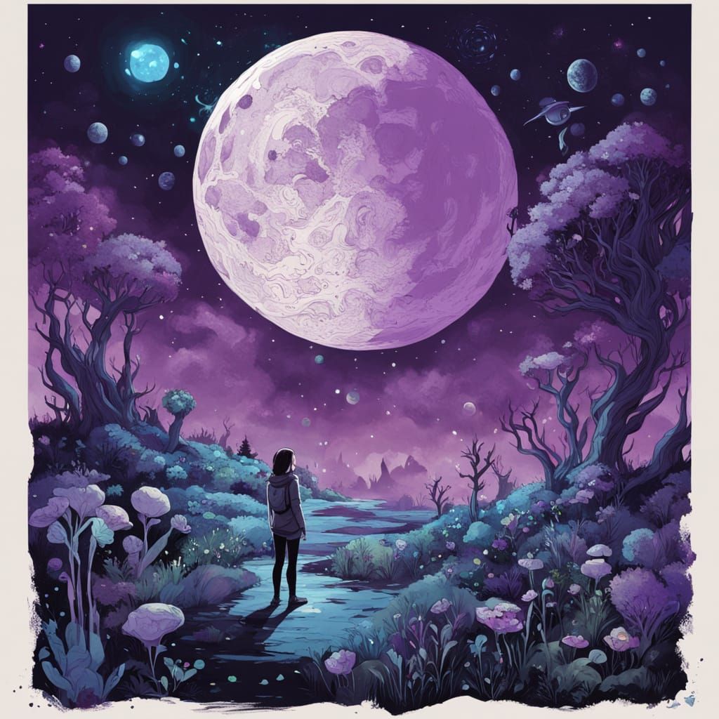 Girl tending crystal garden on alien moon