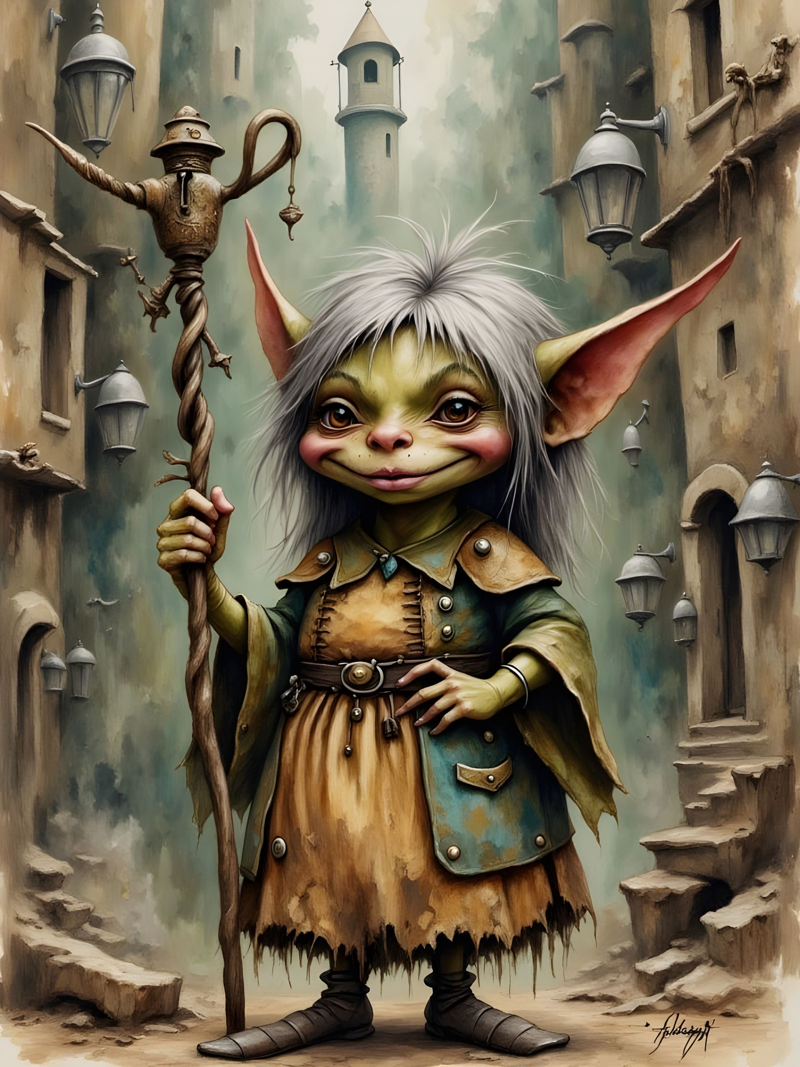 Chubby Goblin in Mismatched Patchwork Dress Confidently Hold...