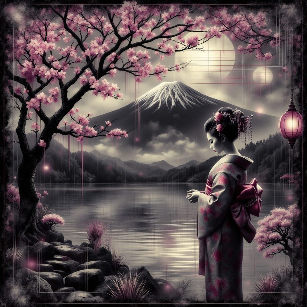 Geisha in Japanese Garden at Night