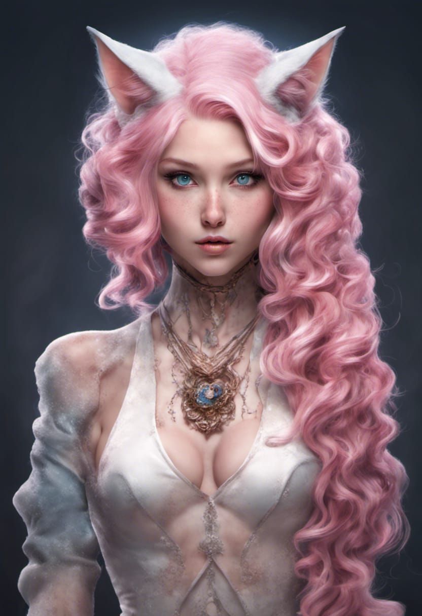 Stunning Neko Woman with Pink Hair in 8K HDR