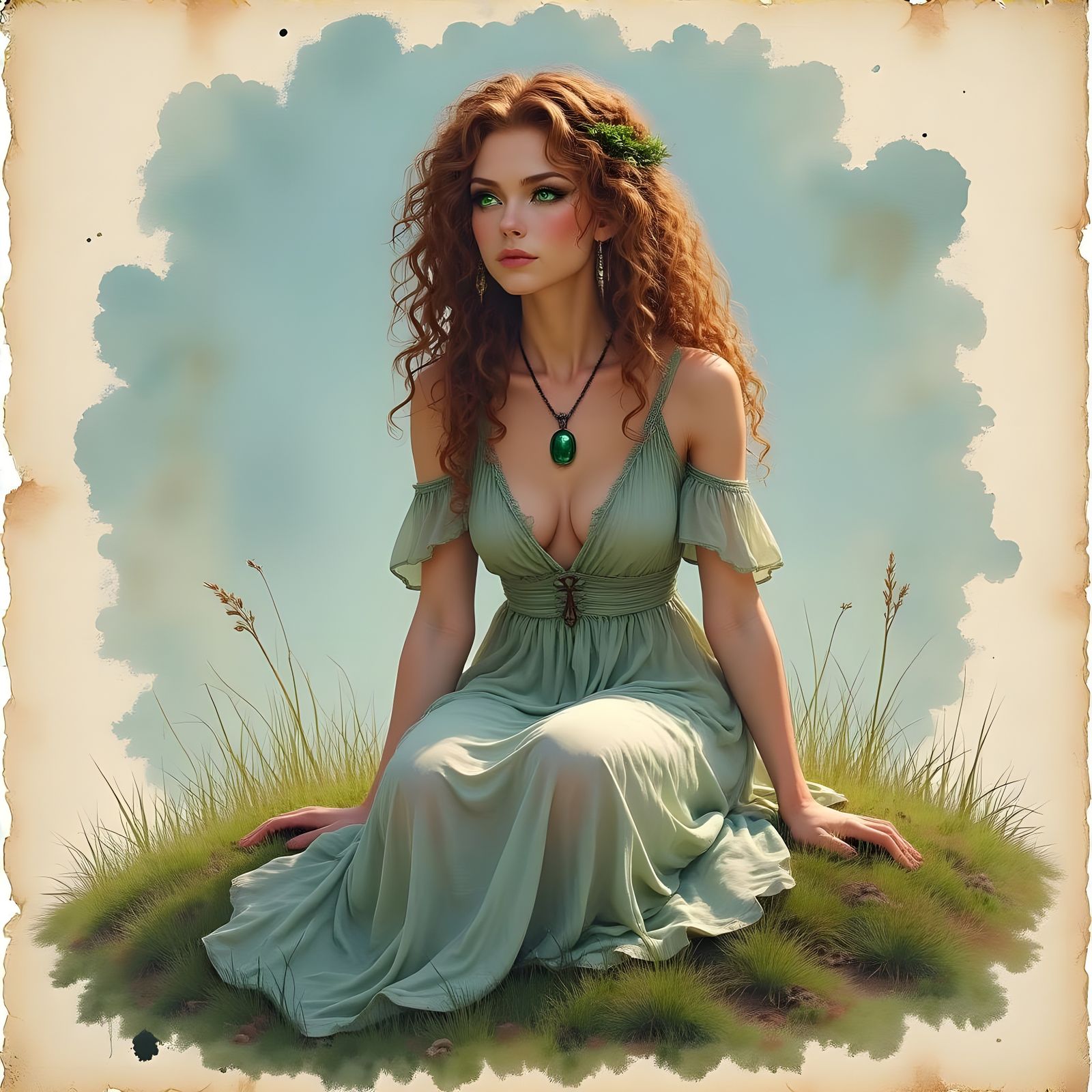 Beautiful Norse Goddess on Knoll, Watercolor and Ink