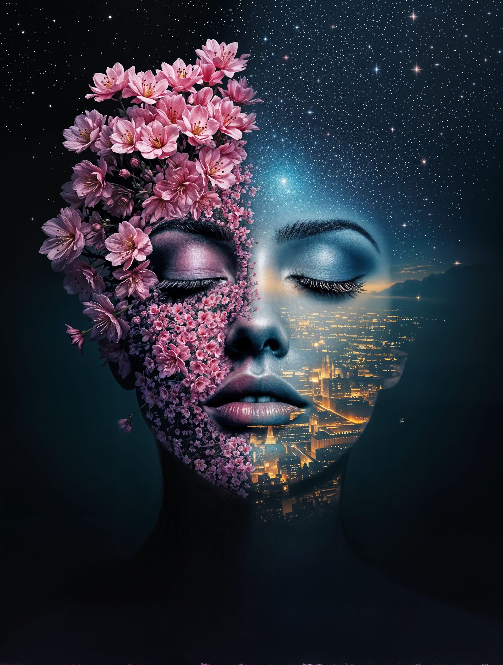 Surreal Digital Portrait of a Woman's Face with Blossoms and...