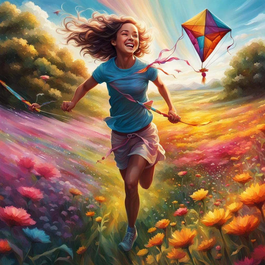 a very happy young girl flying a kite