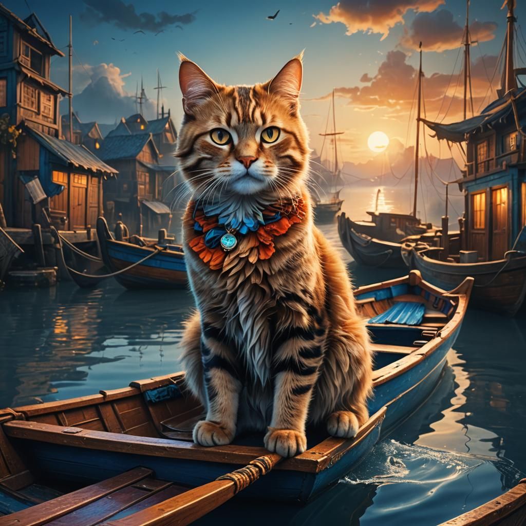 Cat in Maxi Dress on Boat: Fantasy Art