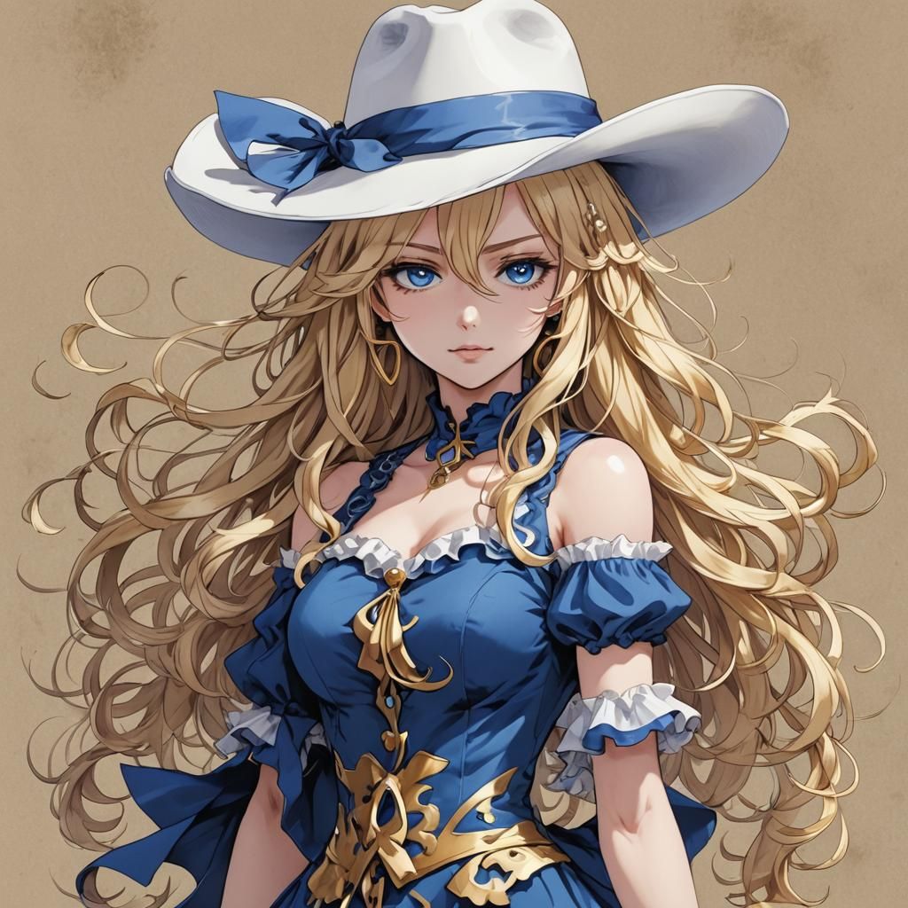 Evil Cowgirl in Anime Style with Blue Dress