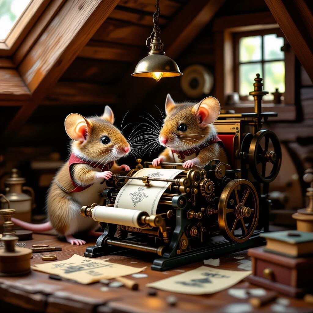 Mice Operate Steampunk Printing Press in Cozy Attic
